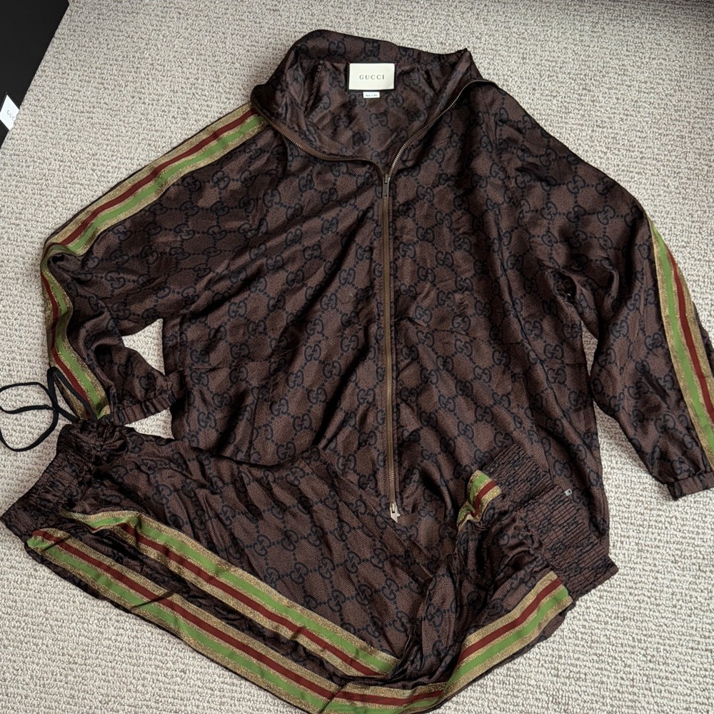 Gucci Dark Brown Silk Monogram Track Suit with Green and Red Accents XS/S
